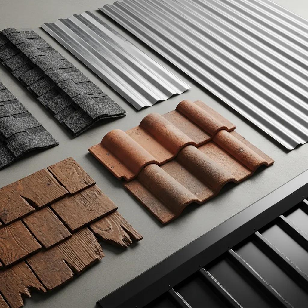 Variety of roofing materials including asphalt shingles, metal sheets, and tiles displayed together