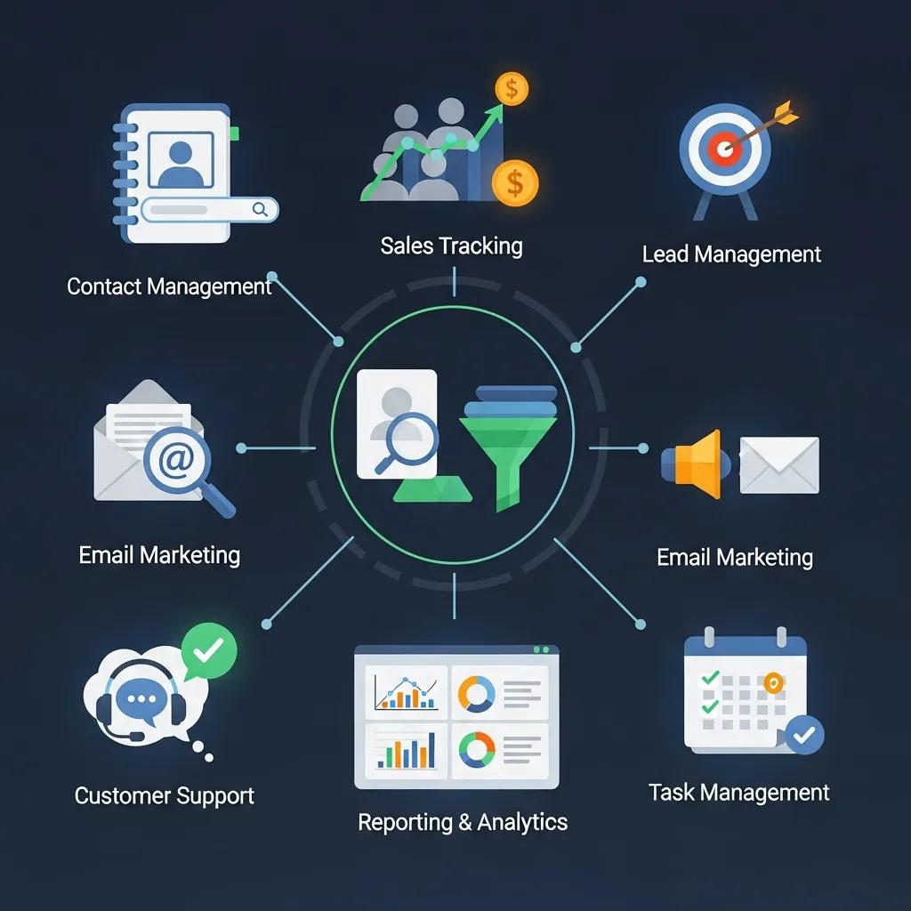 Visual representation of essential CRM features for small businesses, emphasizing technology and efficiency