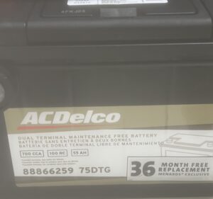 ACDelco dual terminal maintenance-free battery with specifications: 780 CCA, 100 RC, 55 AH, and 36-month free replacement warranty, relevant for automotive repair services.